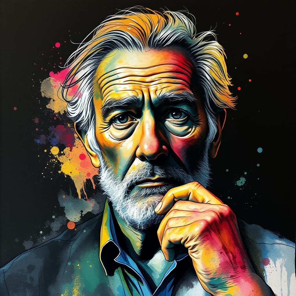 Emotional Ink Portrait of an Older Man in Watercolor