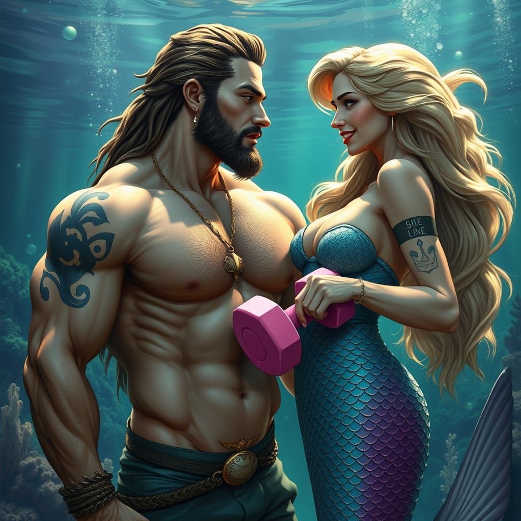 Hyperrealistic Triton and Mermaid Underwater Gym
