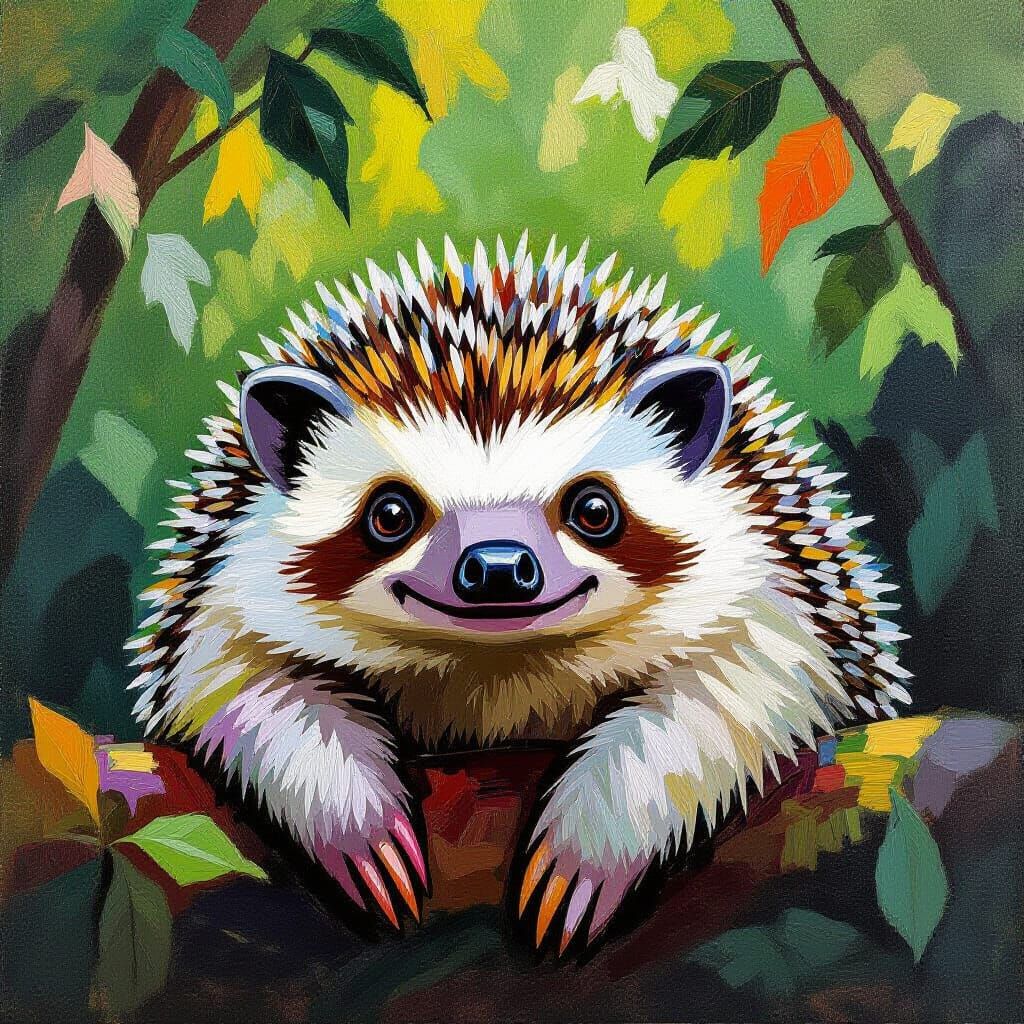Hedgehog Sloth Creature in Expressive Impasto Style