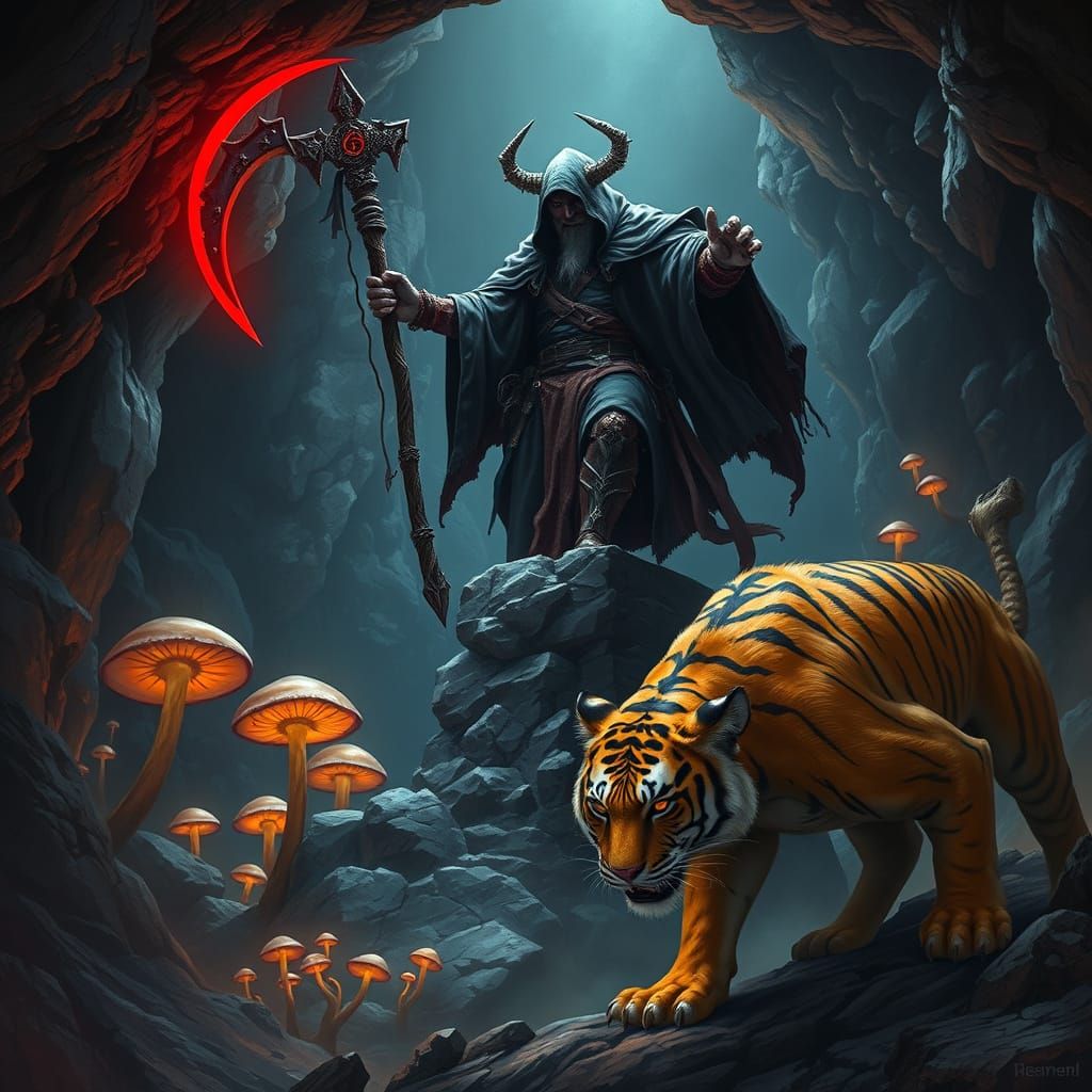 Dark Fantasy Tiger Lord in Battle-Scarred Cave