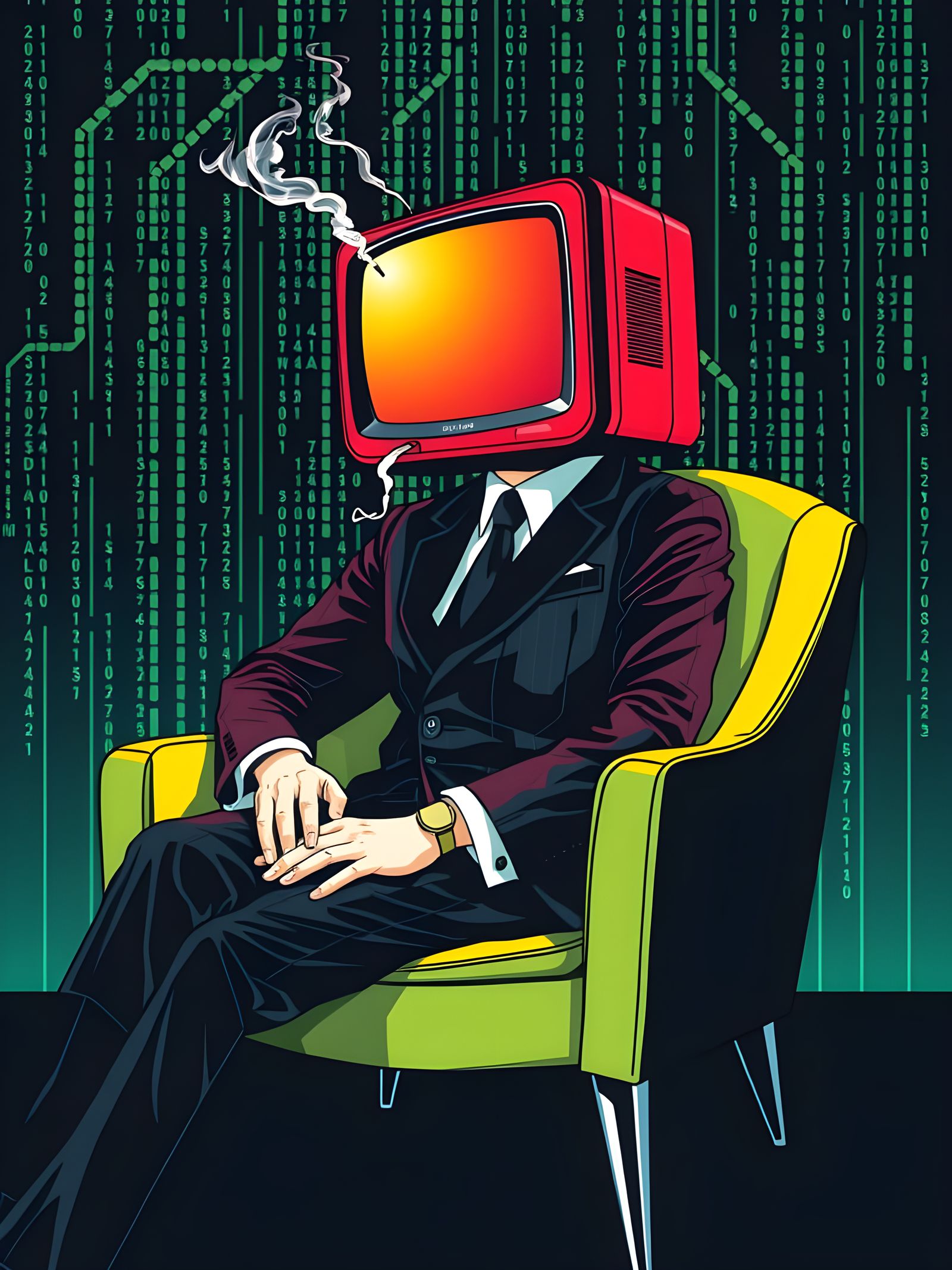 Confident Hero in Retro TV Headframe, Pop Art Style