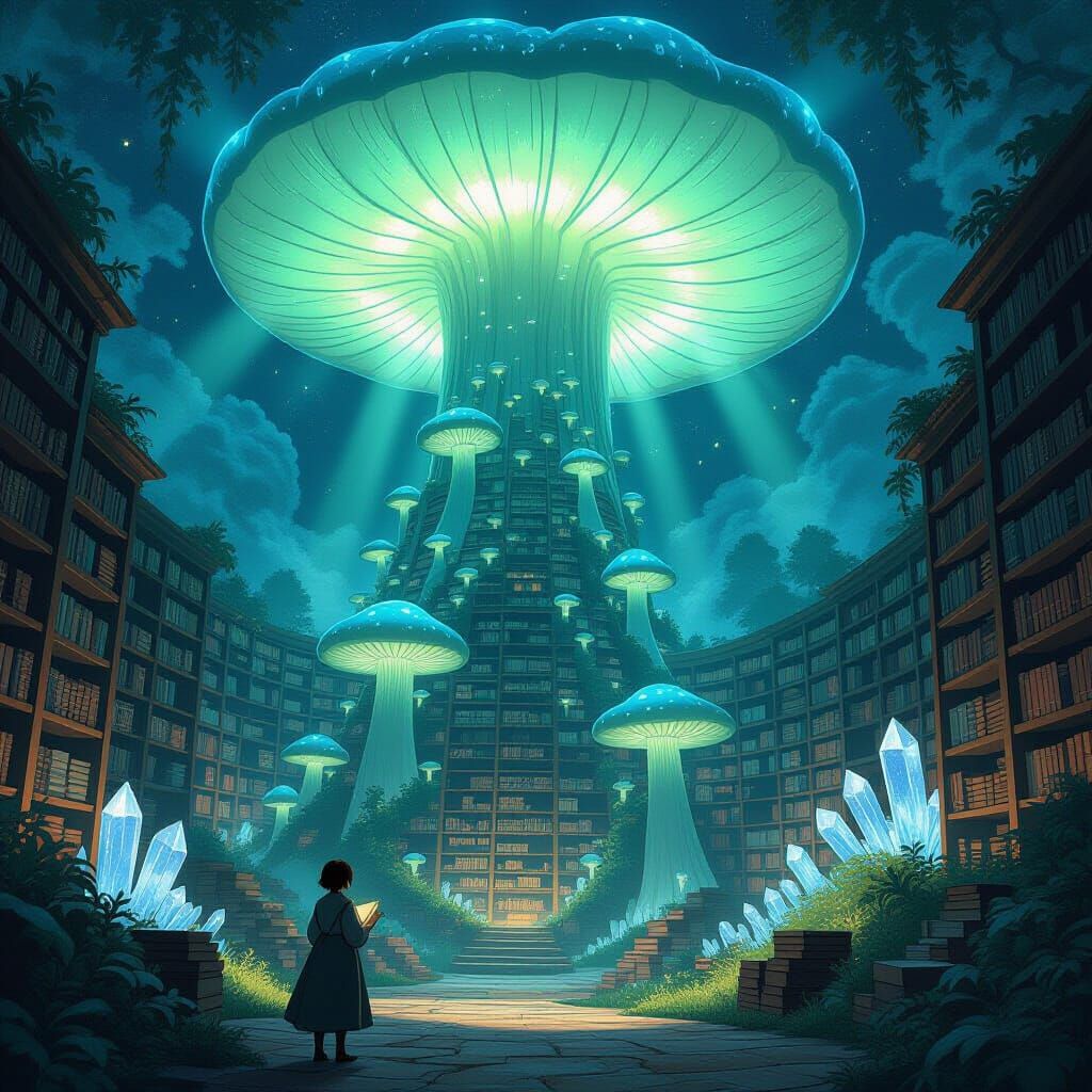 Ancient Library in Bioluminescent Mushroom Forest
