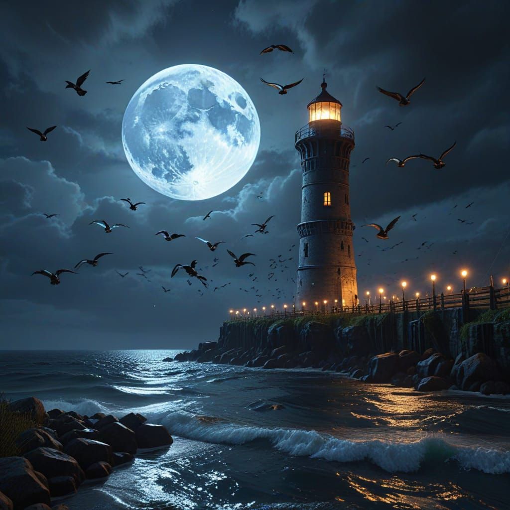 Giant Harvest Moon Over Stormy Ocean with Blue Lights