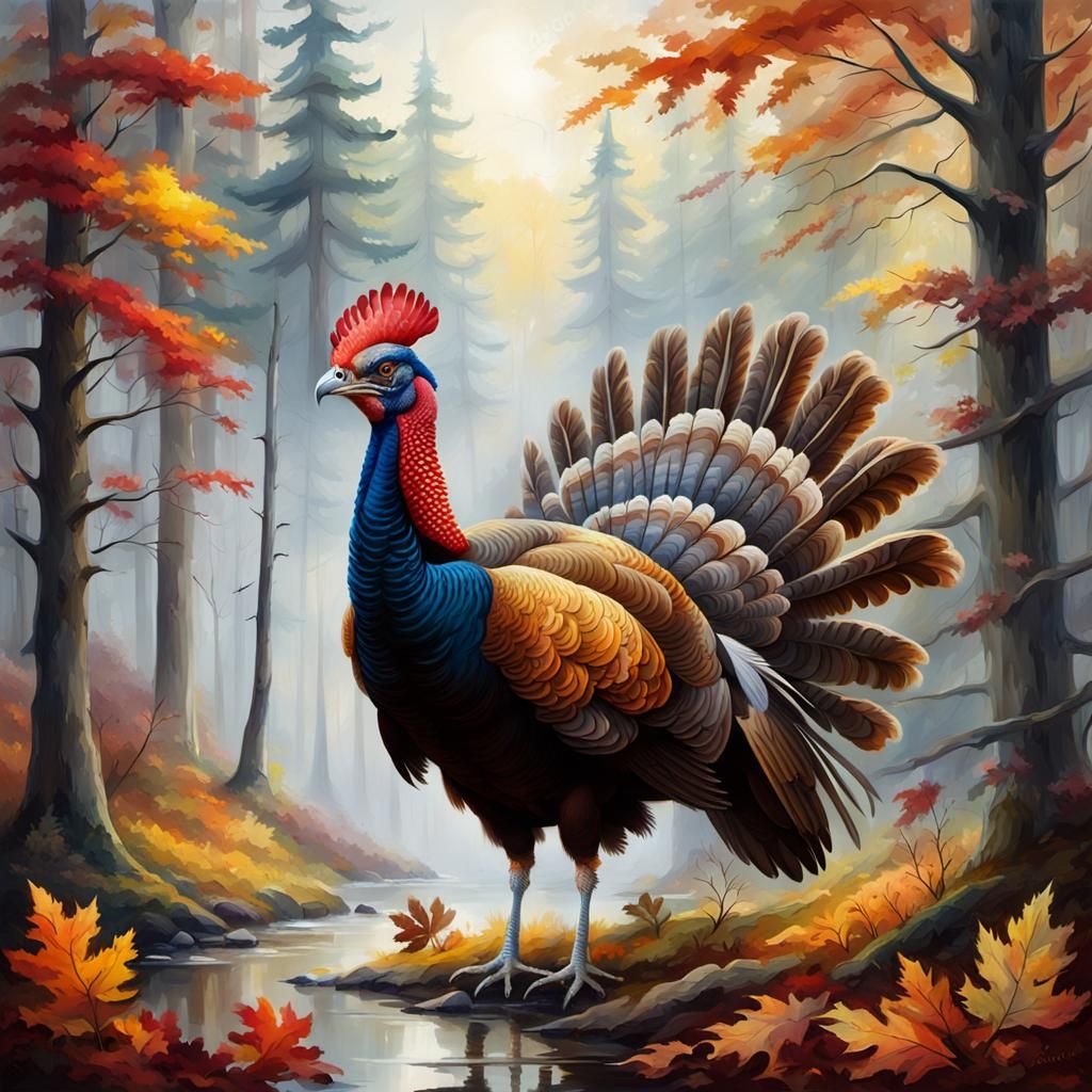 Wild Turkey in Misty Autumn Forest, Oil Painting