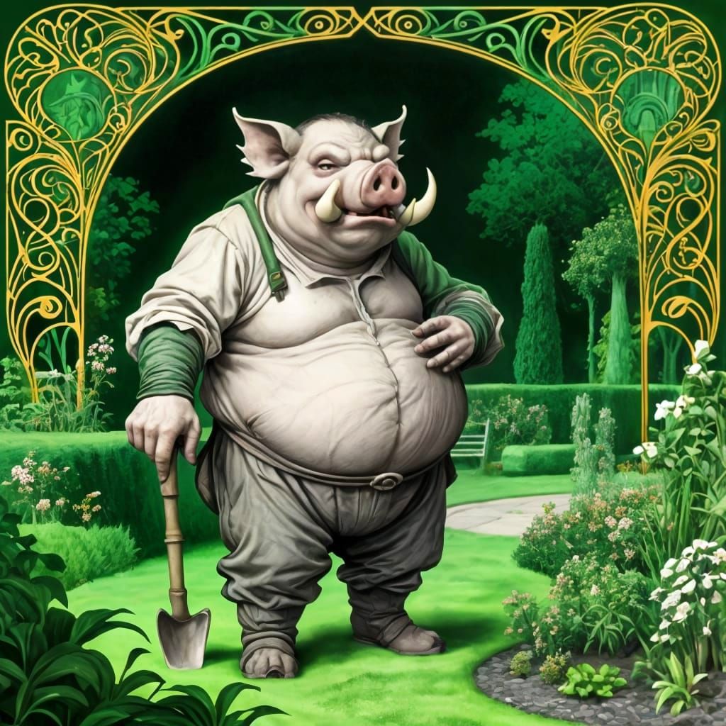 Corpulent Ork Gardener in Lush Fantasy Garden