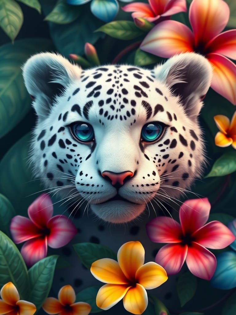 Enchanting White Jaguar Portrait in Tropical Paradise