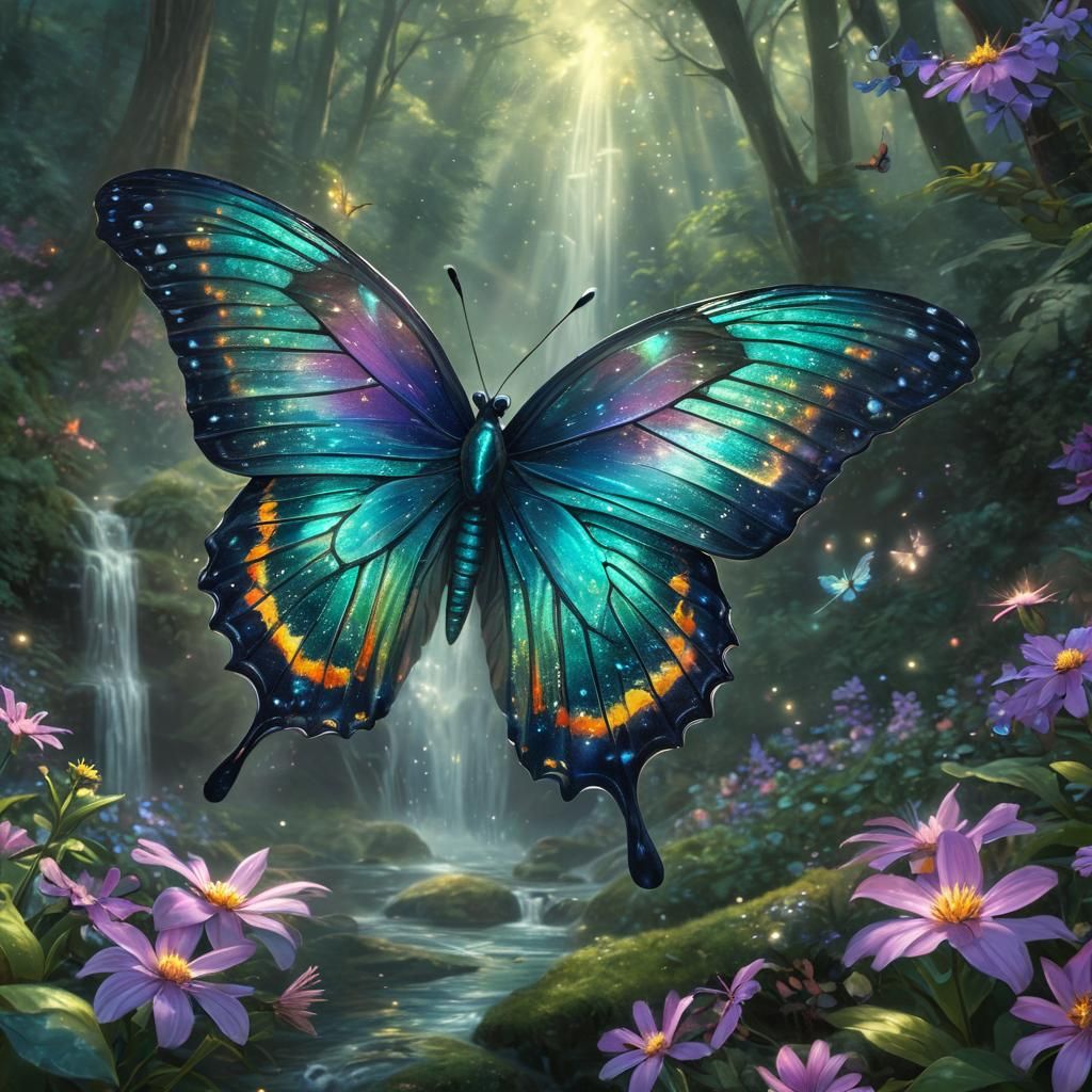 Sparkling Butterfly in Forest, Digital Art