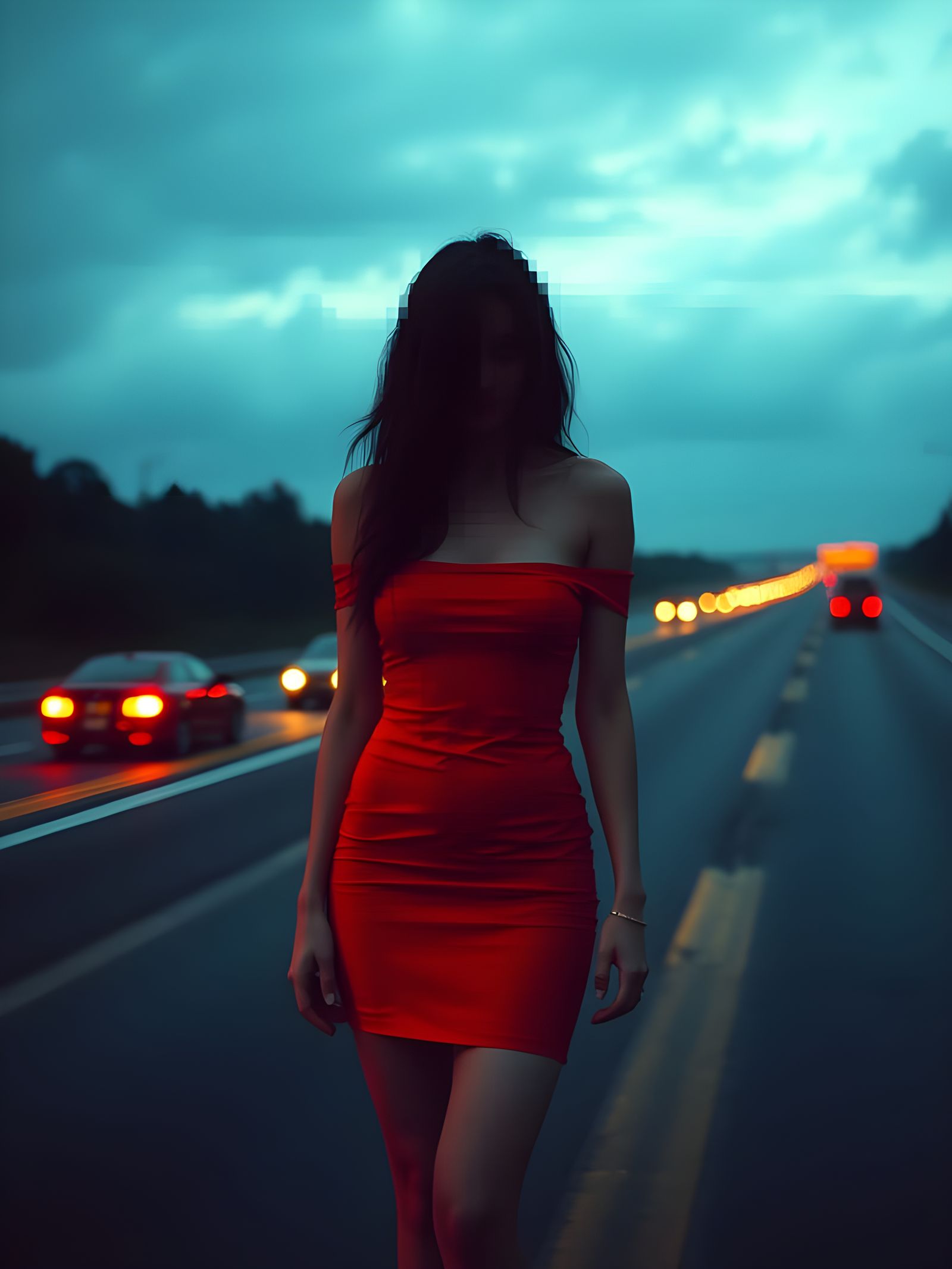 Ghostly Hitchhiker in Glitched Photo on Highway