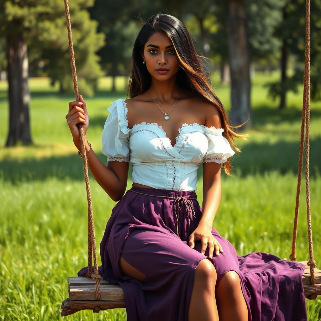 Indian Woman on Swing in Sunlit Meadow