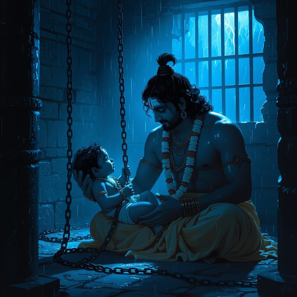 Baby Krishna's Divine Birth in Ancient Prison