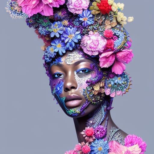 Floral Liquid Face: Hyperrealistic 3D Art