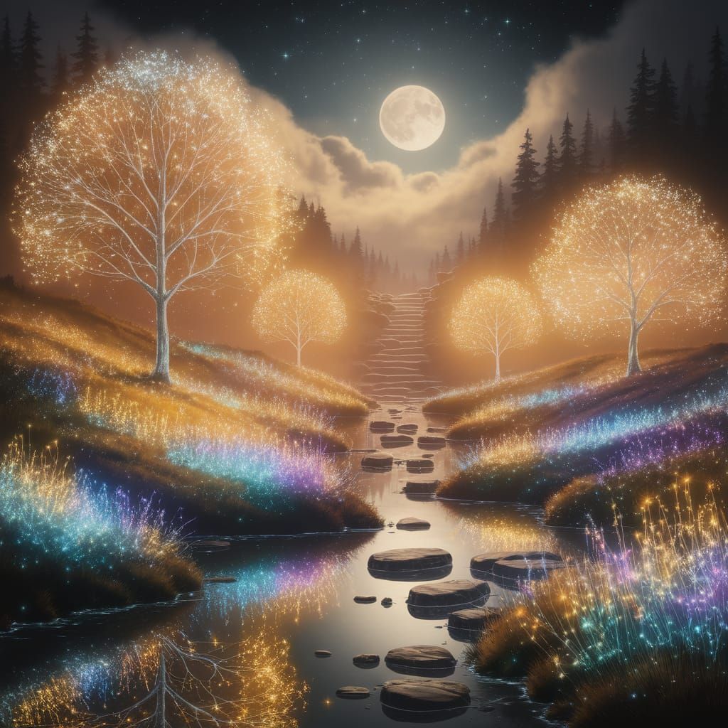 Ethereal Moonlit Valley with Bioluminescent Flora