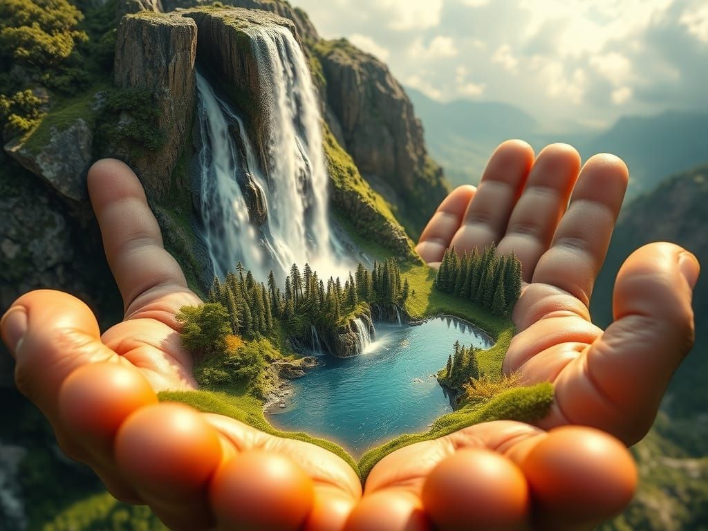 Miniature World in Giant Hands: Photorealistic Panorama