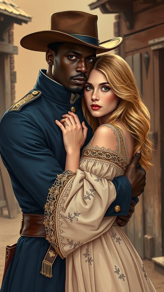 Romantic 19th-Century Western Couple in Intimate Embrace