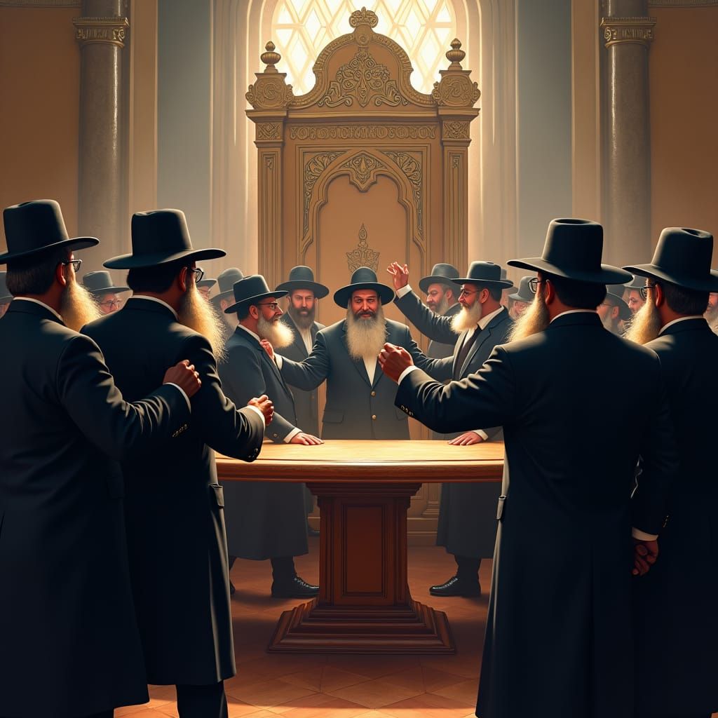 Festive Haredi Jews Dancing near Ark in Matte Painting Style