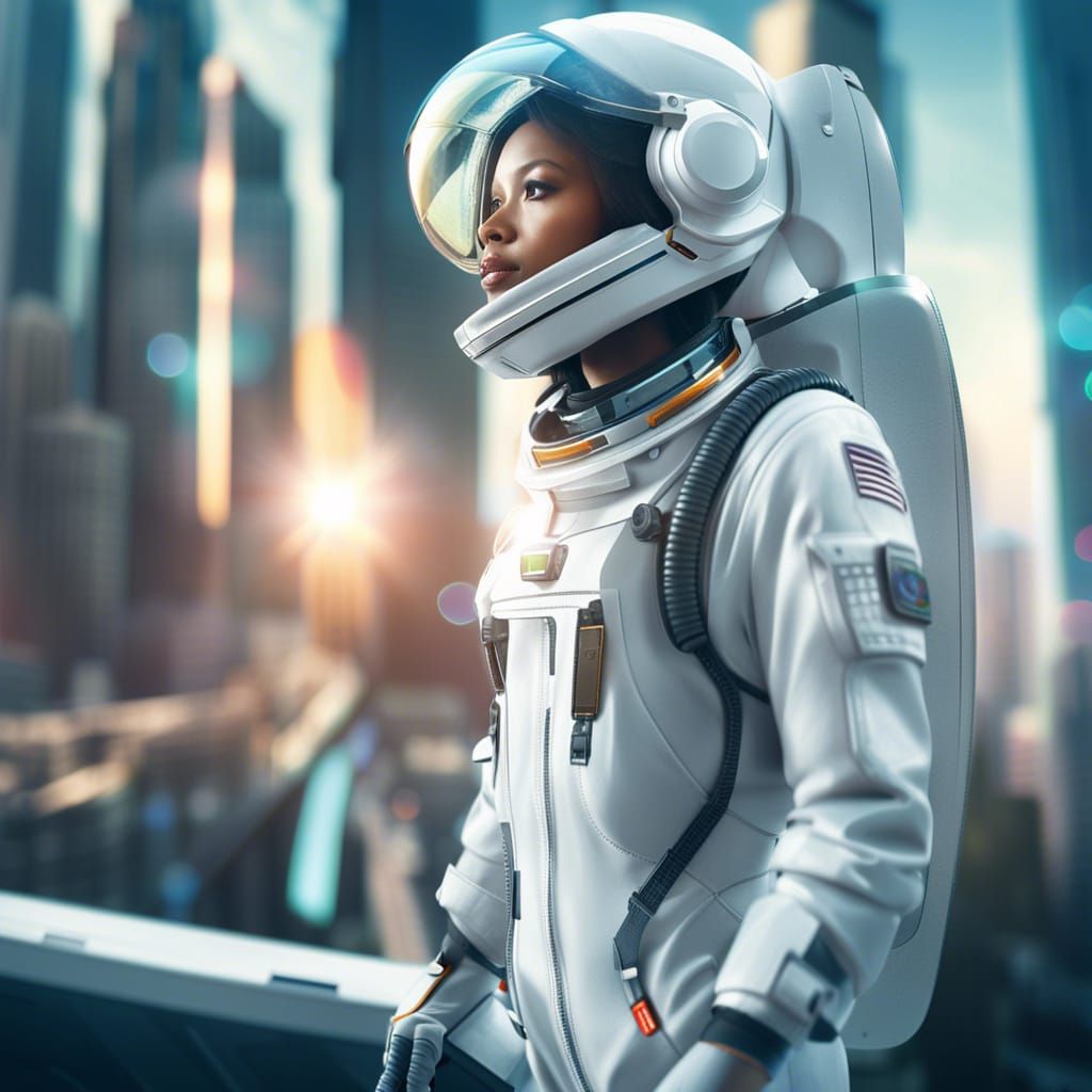 Sleek Astronaut Surveys Future Cityscape in 3D