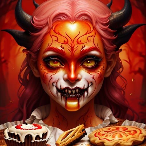 Whimsical Demon Savoring Sweet Treats in Enchanted Forest