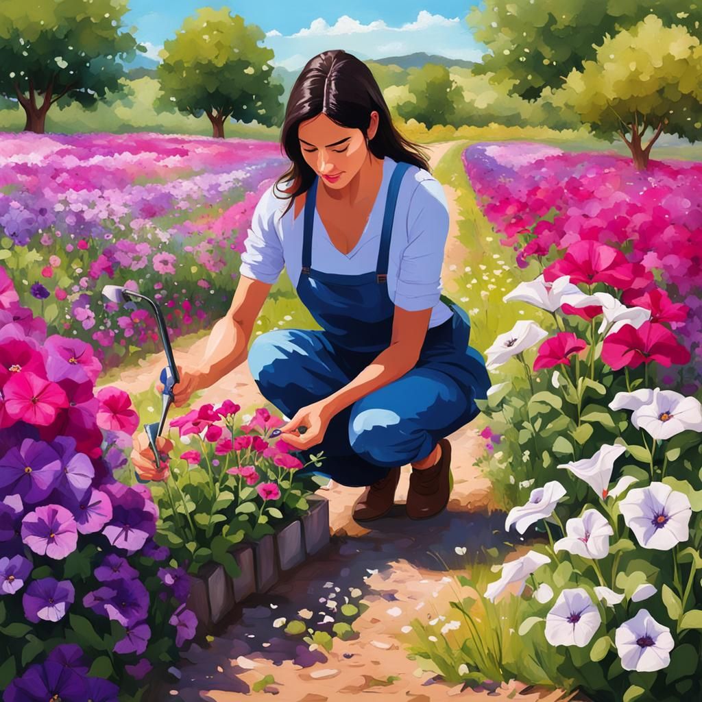 Woman Watering a Beautiful Flower Field in Spring