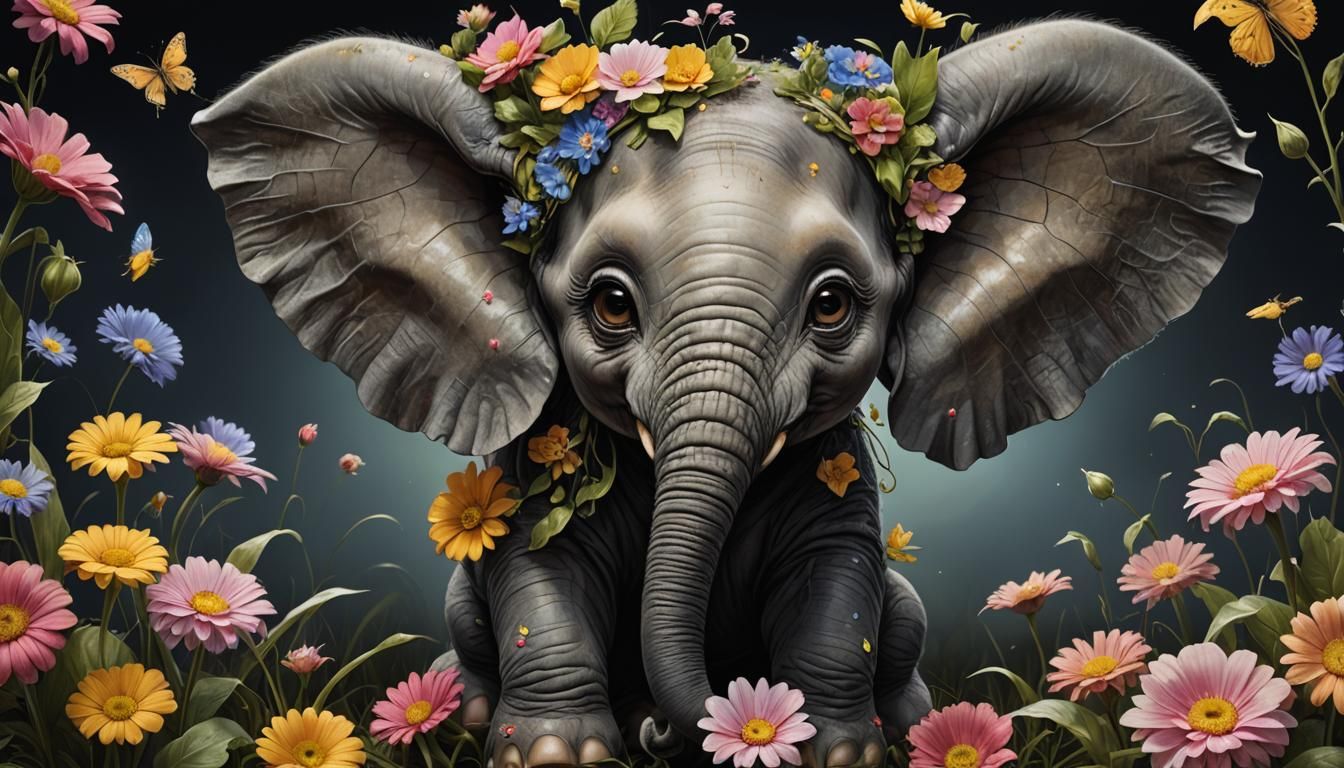 Cute Fairy Elephant with Flowers, Monge Style