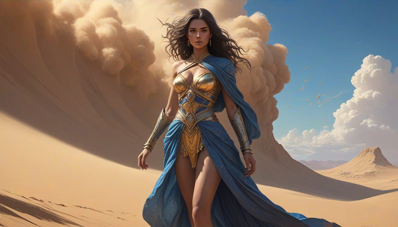 Majestic Woman Defies the Desert Storm in Vibrant, Concept A...