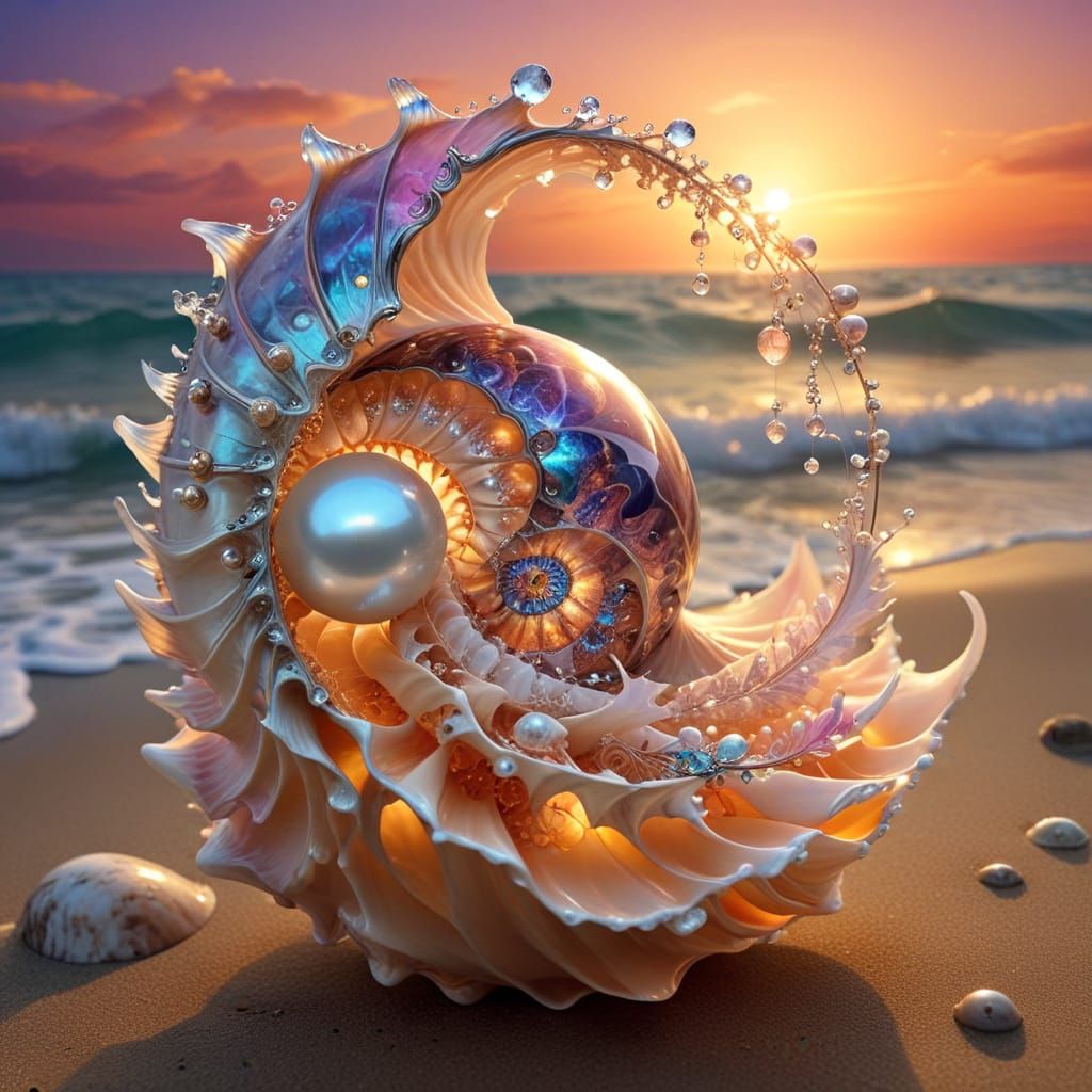 Fractal Shell Harmony in Epic Sunset Fairy Scene