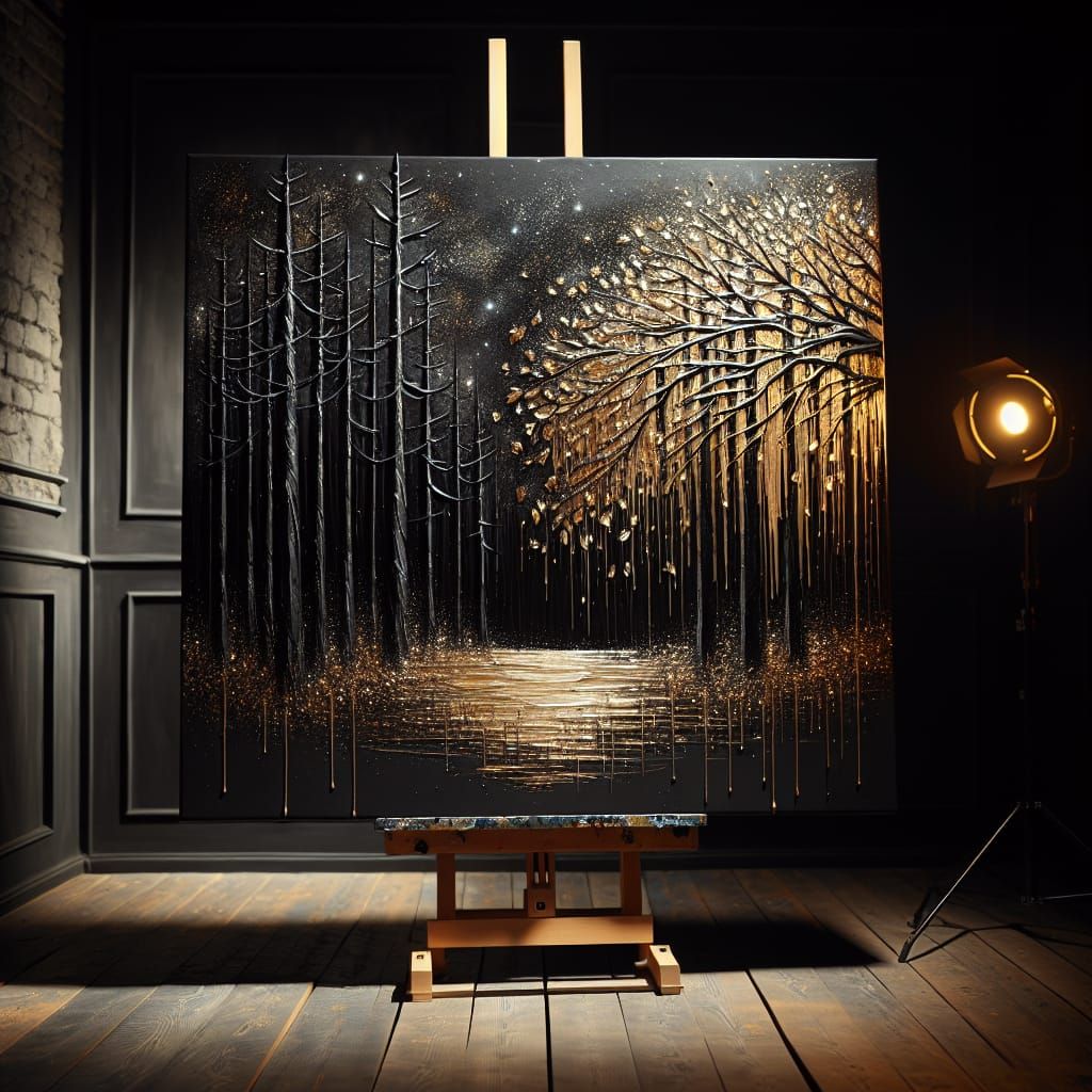Golden Starry Night in Black Forest Grungy Painting