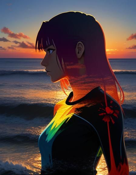 Sunset Surfer Girl: Double Exposure Anime Acrylic