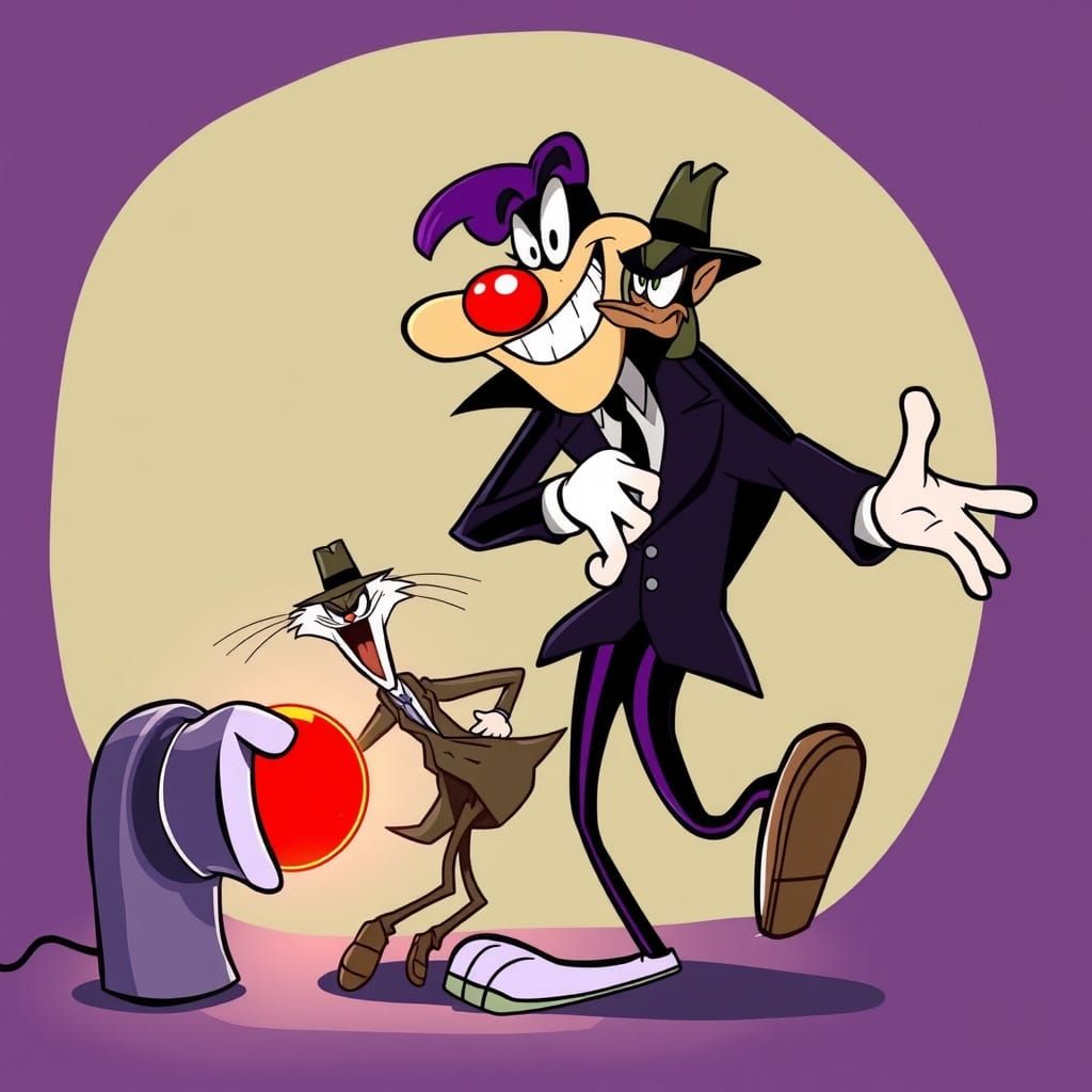 Cartoon Villain Maniacally Grinning at Red Button