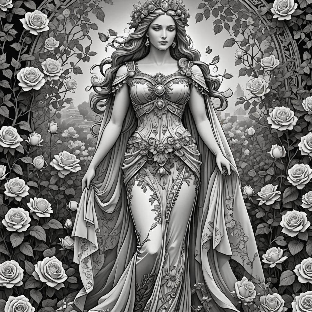 Detailed Coloring Page of Demeter in Rose Garden