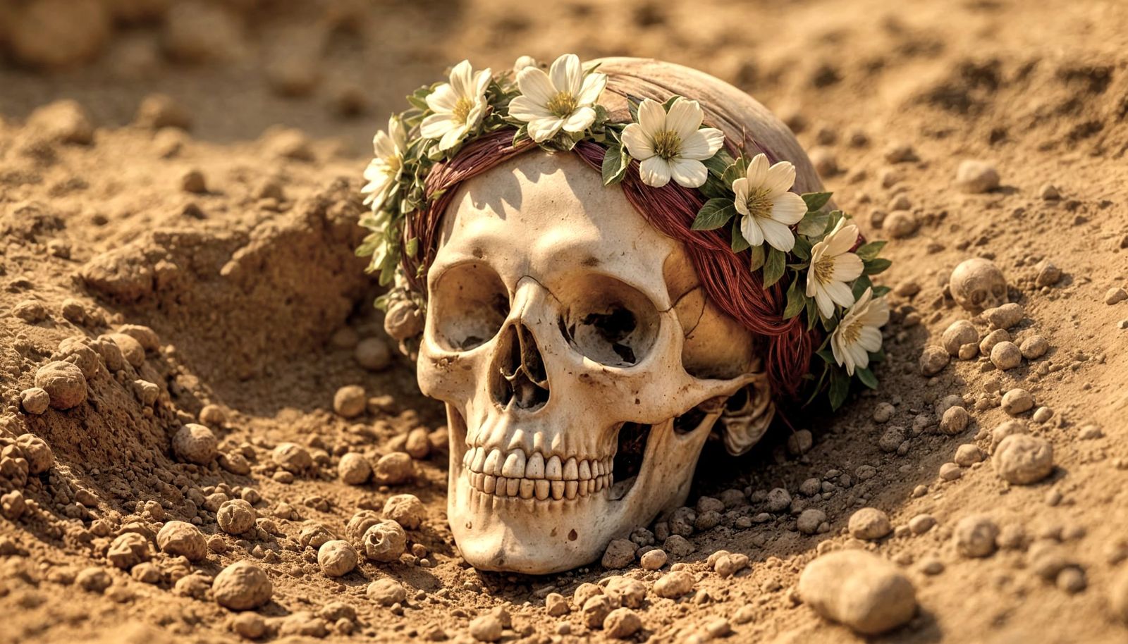 Ancient Greek Skull With Ceramic Flowers
