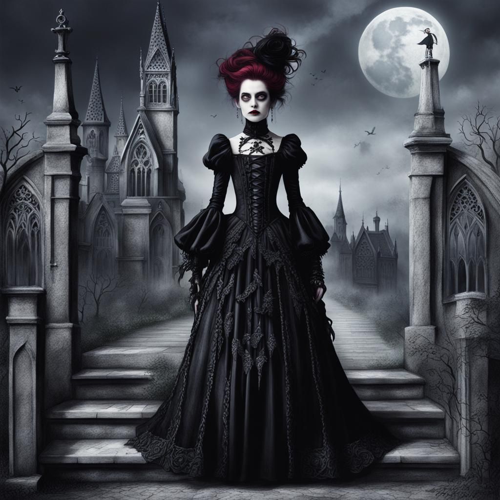 Gothic Woman in Dreamcore Twilight, Tim Burton Art