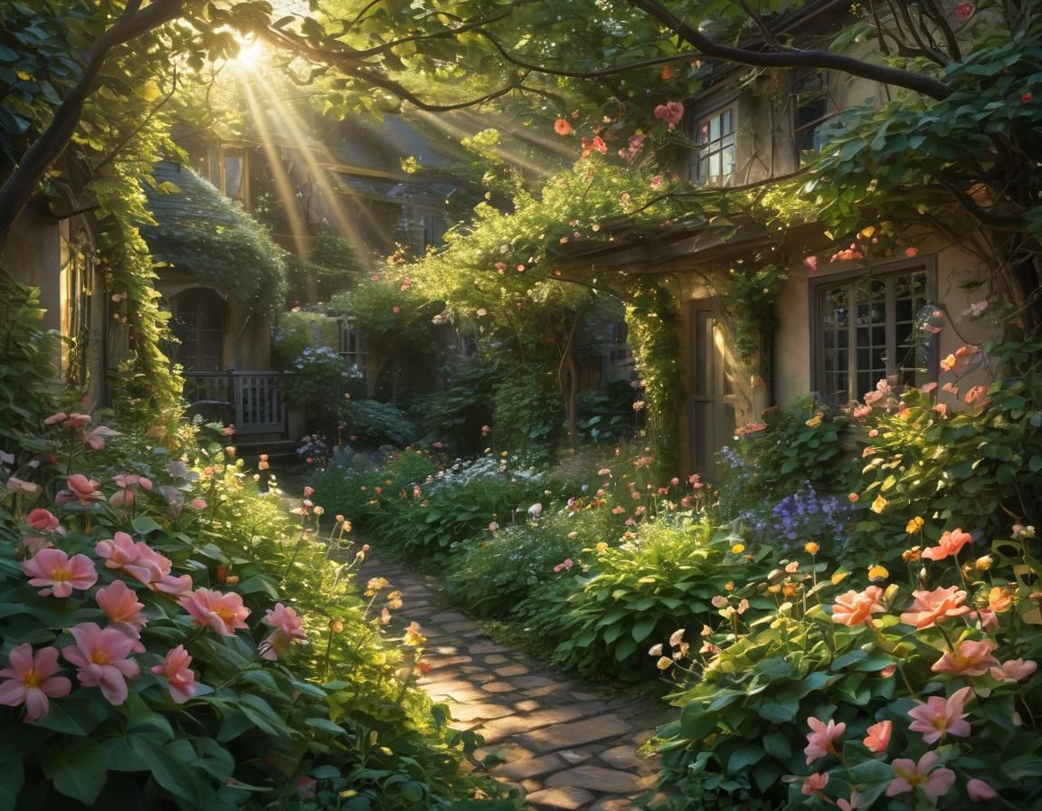 Dreamy Garden Scene with Sunbeams and Blooming Flowers