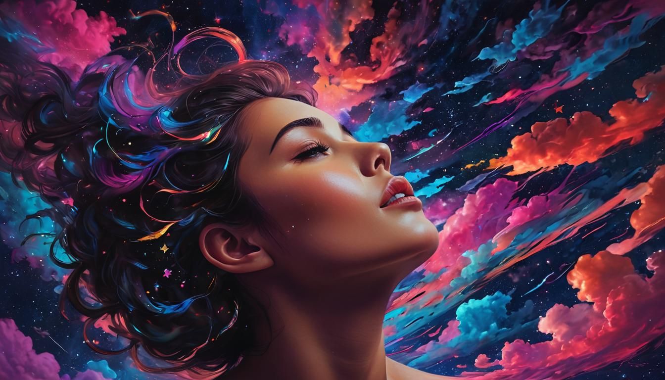 Woman Gazing at Cosmic Night Sky: Astral Illustration