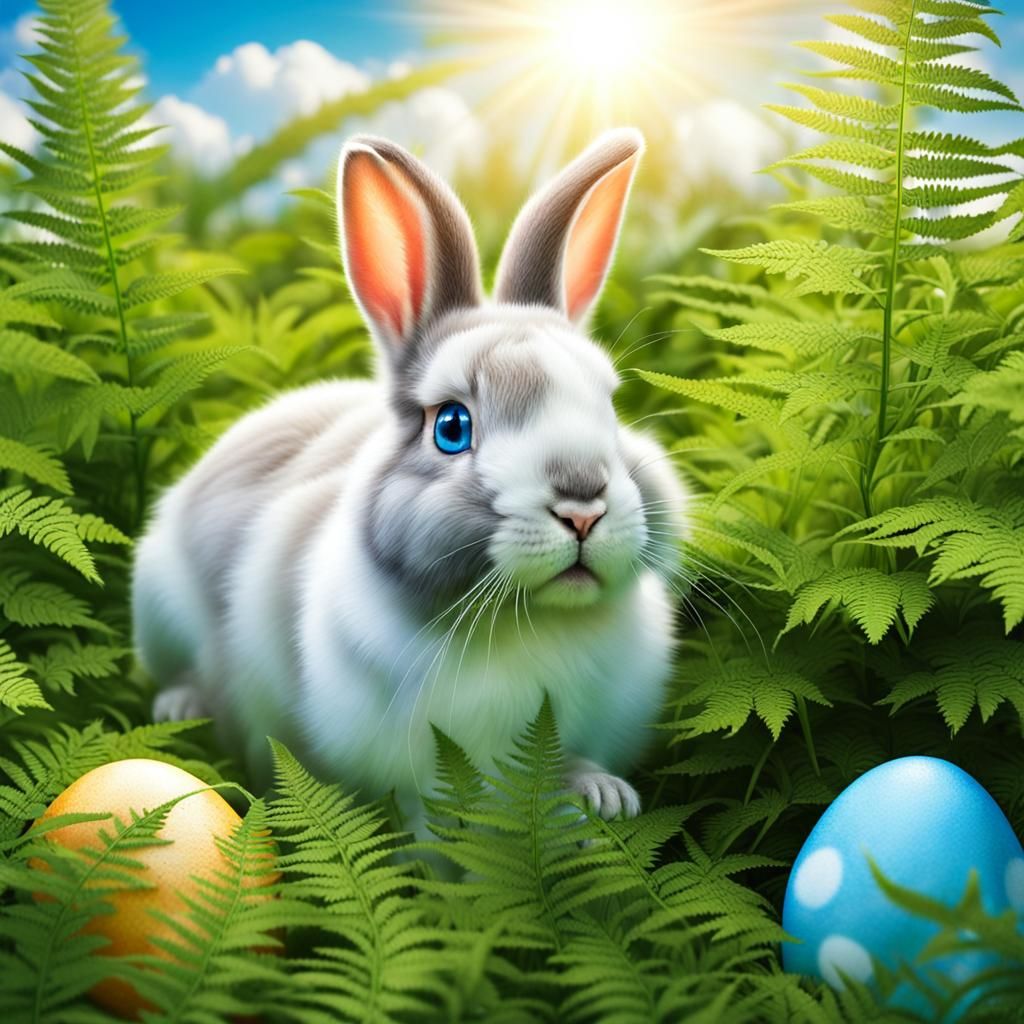 Cute Bunny Rabbit with Easter Eggs in Meadow
