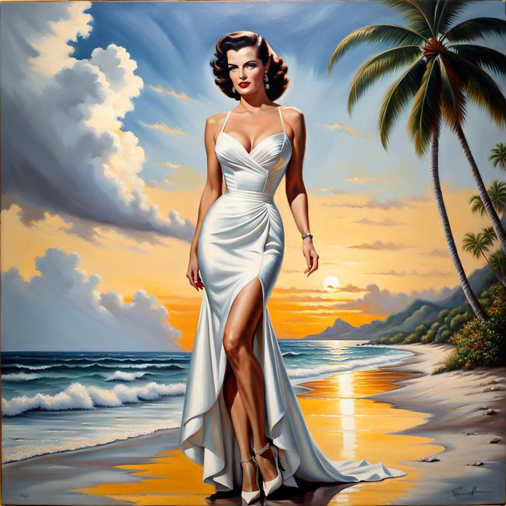 Glamorous Woman on Tropical Beach: Photorealistic Oil Painti...