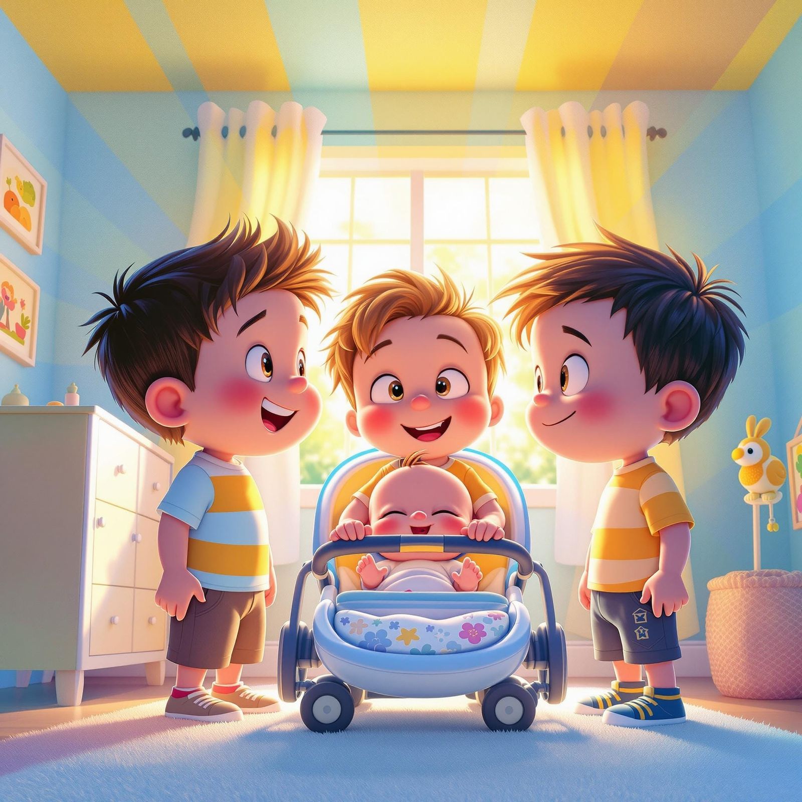 Three Big Brothers Welcome Baby Sibling in Vibrant Color Man...