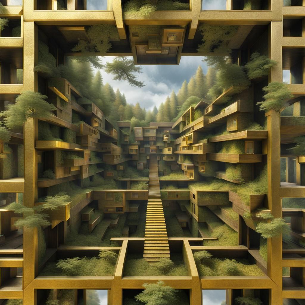 Escher-Inspired Puzzlebox Treehouse in Gold, Detailed Digita...