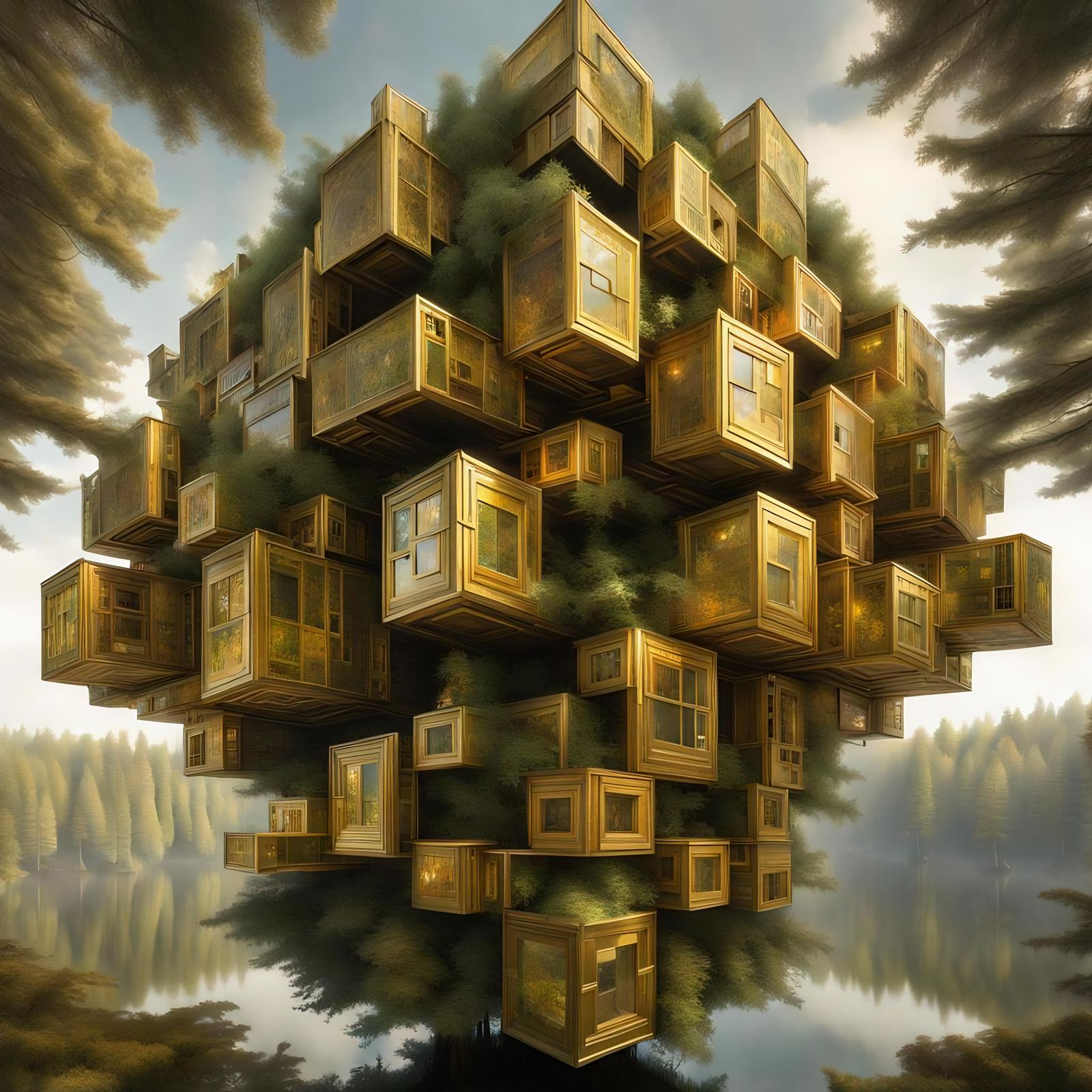 Escher-Style Puzzlebox Treehouse in Gold, Detailed Matte Pai...