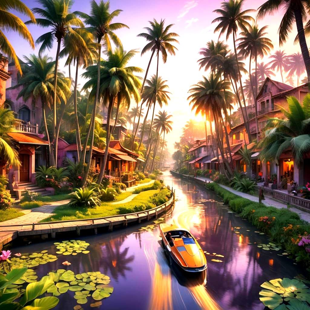 Village Canal with Lotus and Palm Trees
