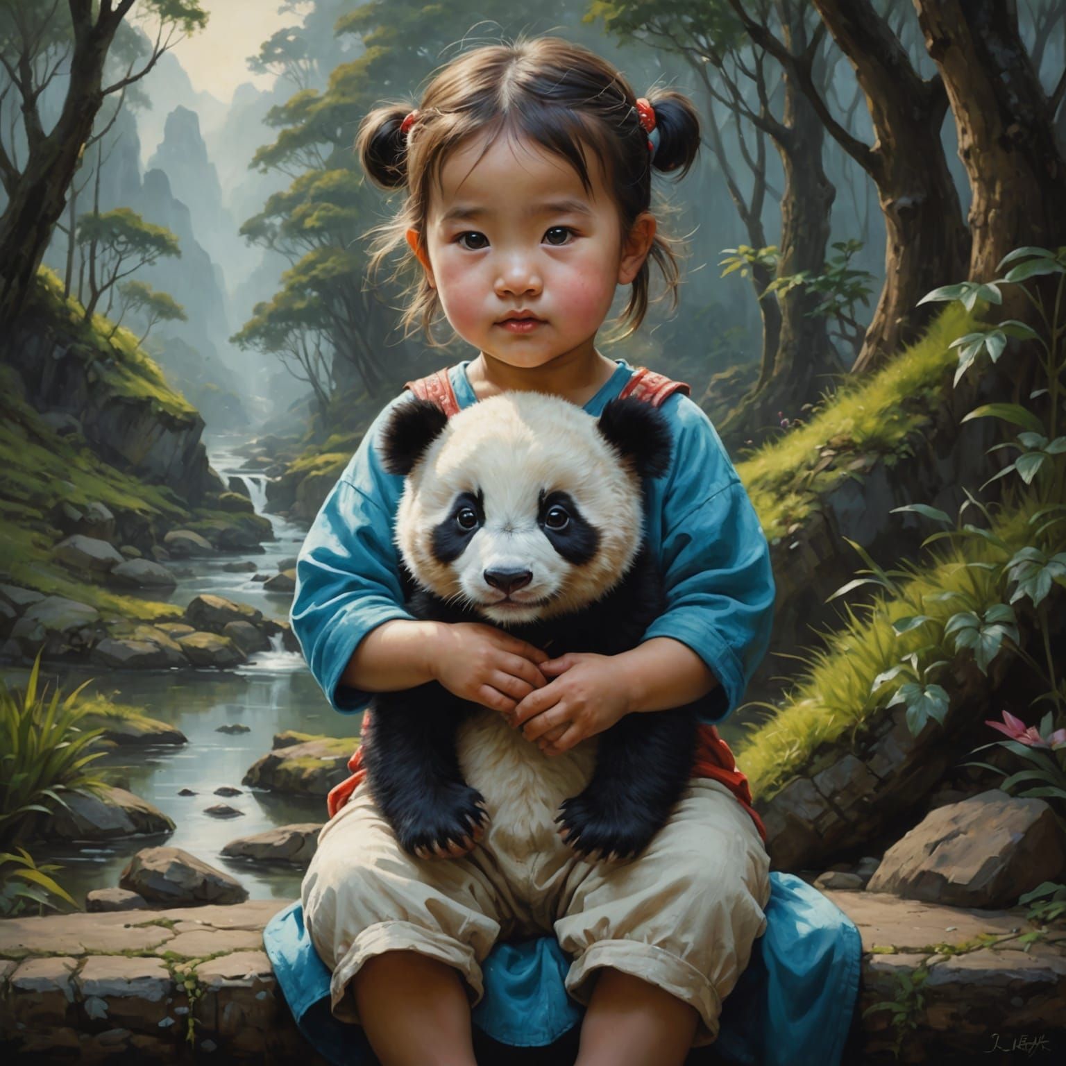 Girl and Panda Bear: Detailed Fantasy Oil Painting