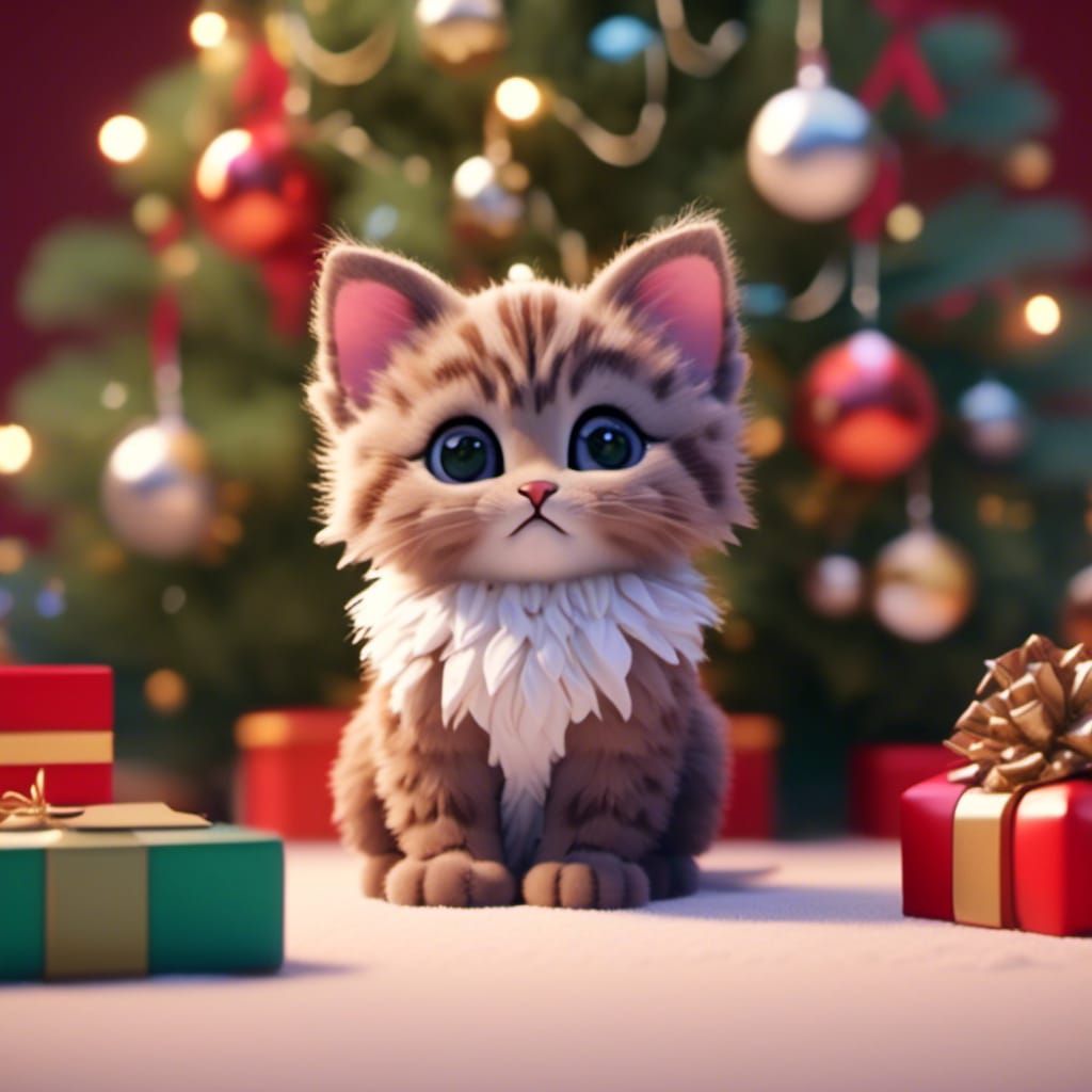 Cute Christmas Kitten with Presents: 3D Animation