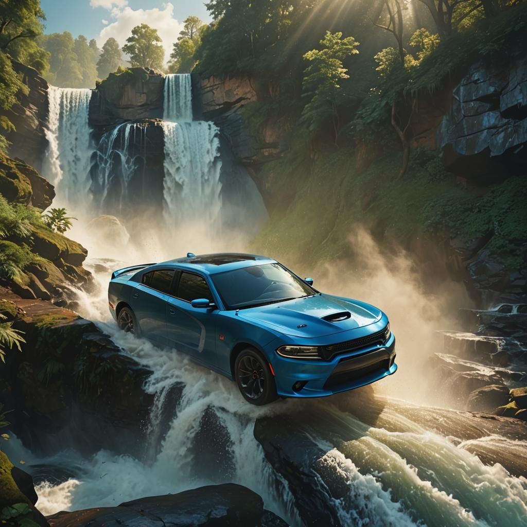 Blue Dodge Charger Scat Pack Waterfall Jump