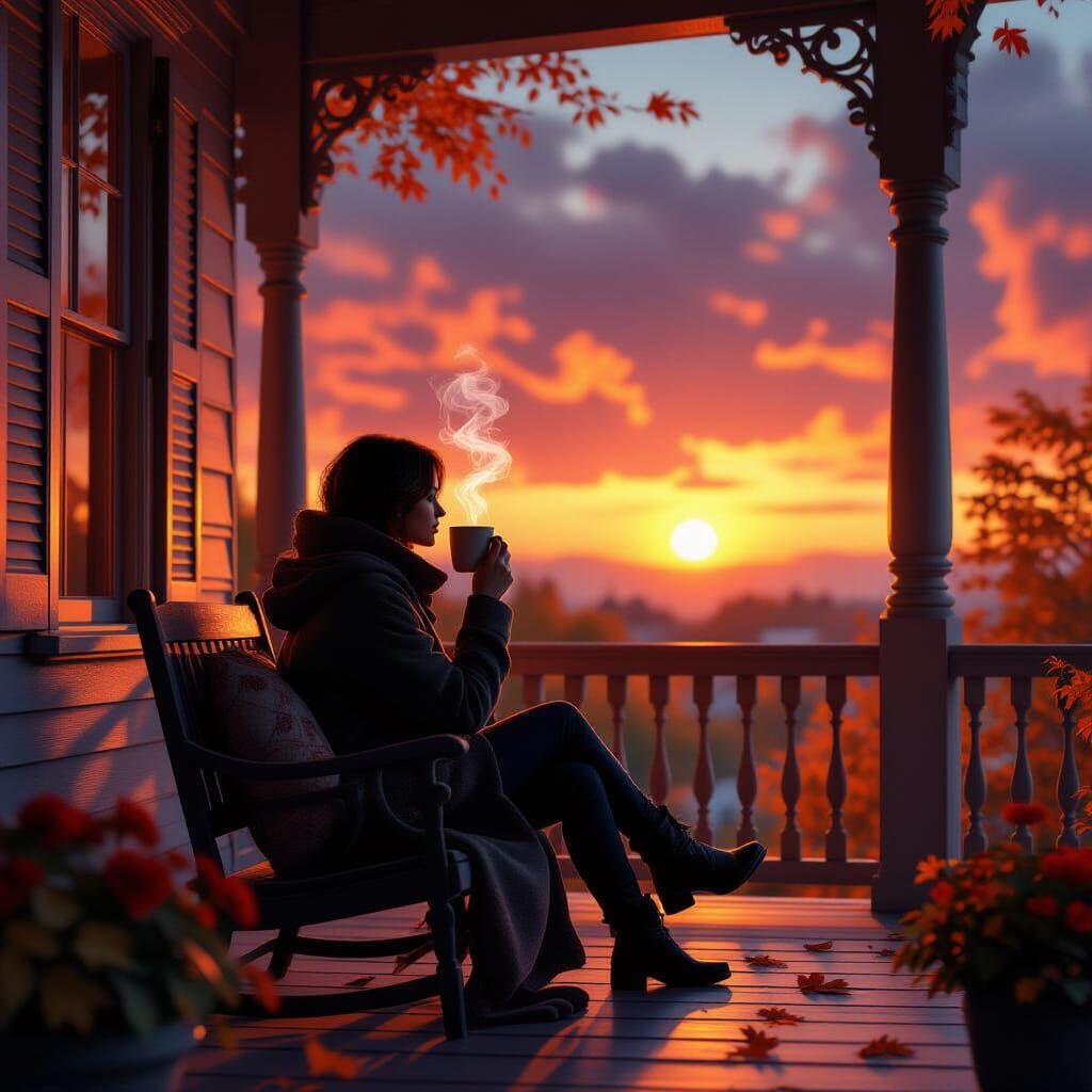 Autumn Sunrise Coffee Sip on Fantastical Porch