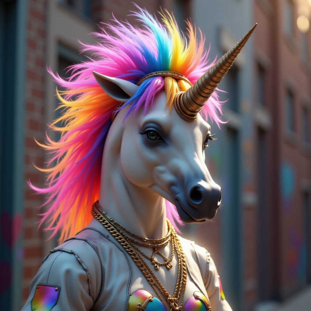 Surreal City Unicorn with Rainbow Mohawk