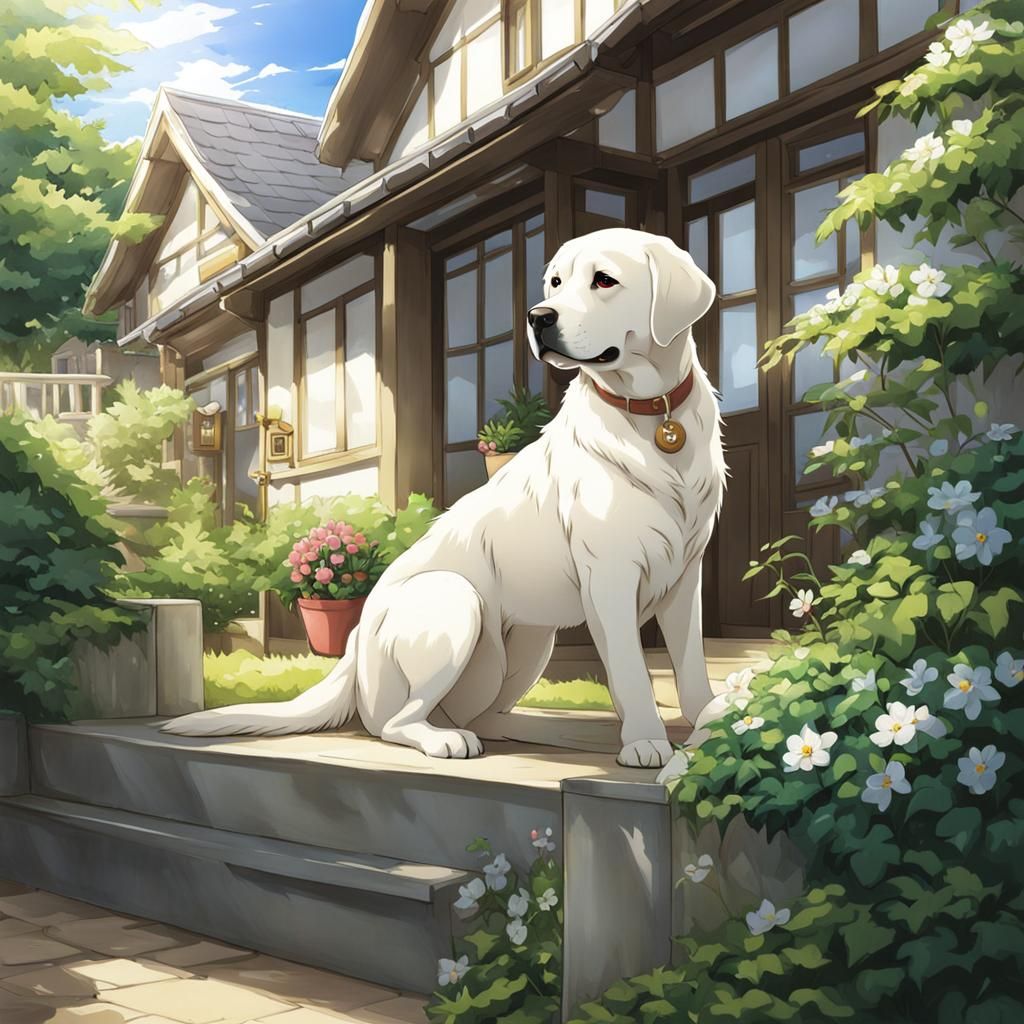 White Labrador in Anime Style Exterior