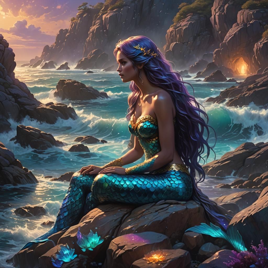 Bioluminescent Mermaid on Rocky Shore, Fantasy Realism