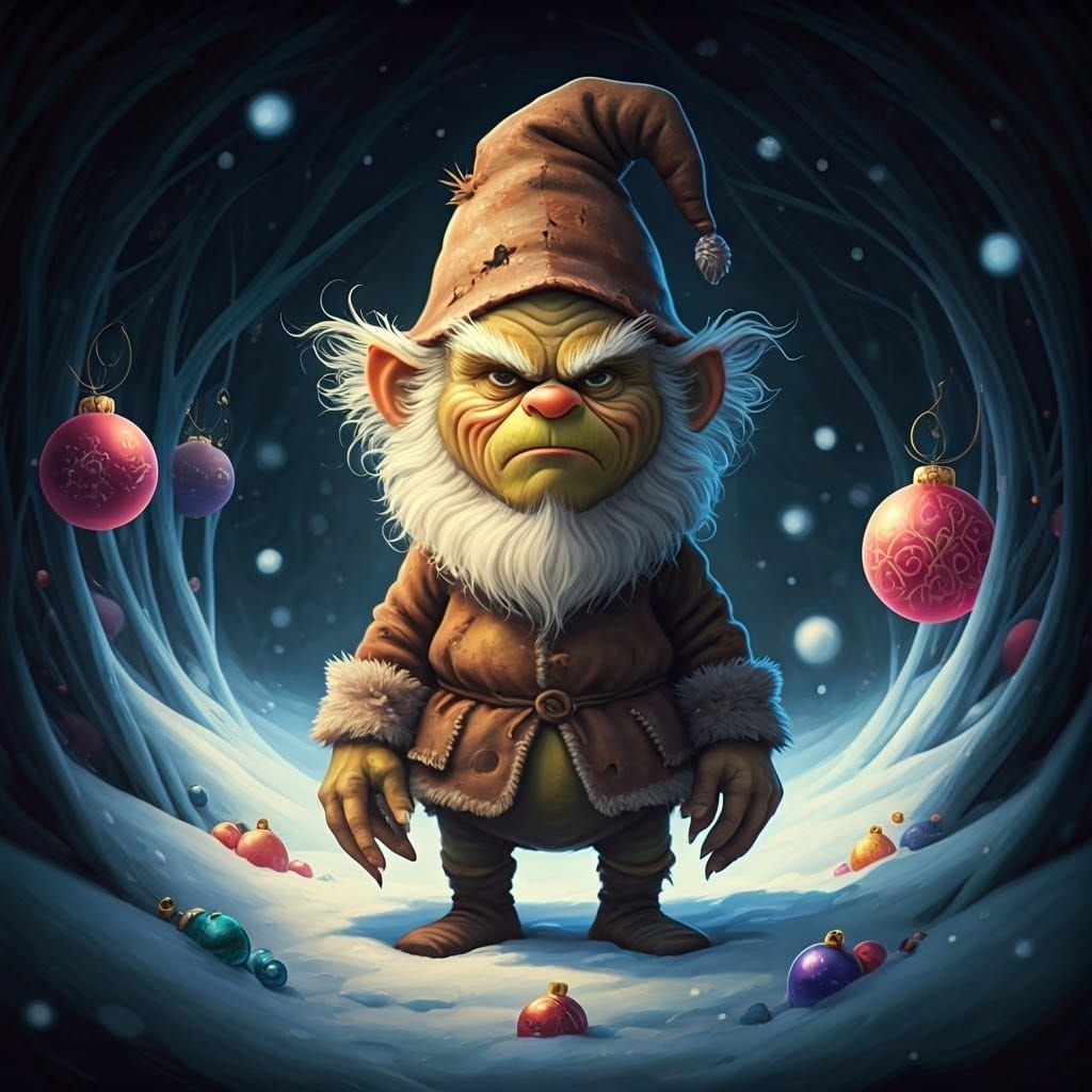Grinch-Like Gnome in Snowy Christmas Scene