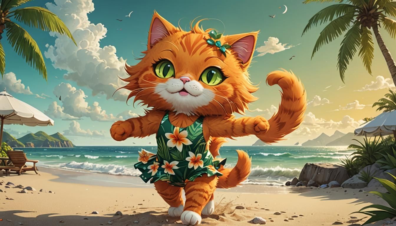 Victorian Cat Fursona on Tropical Beach