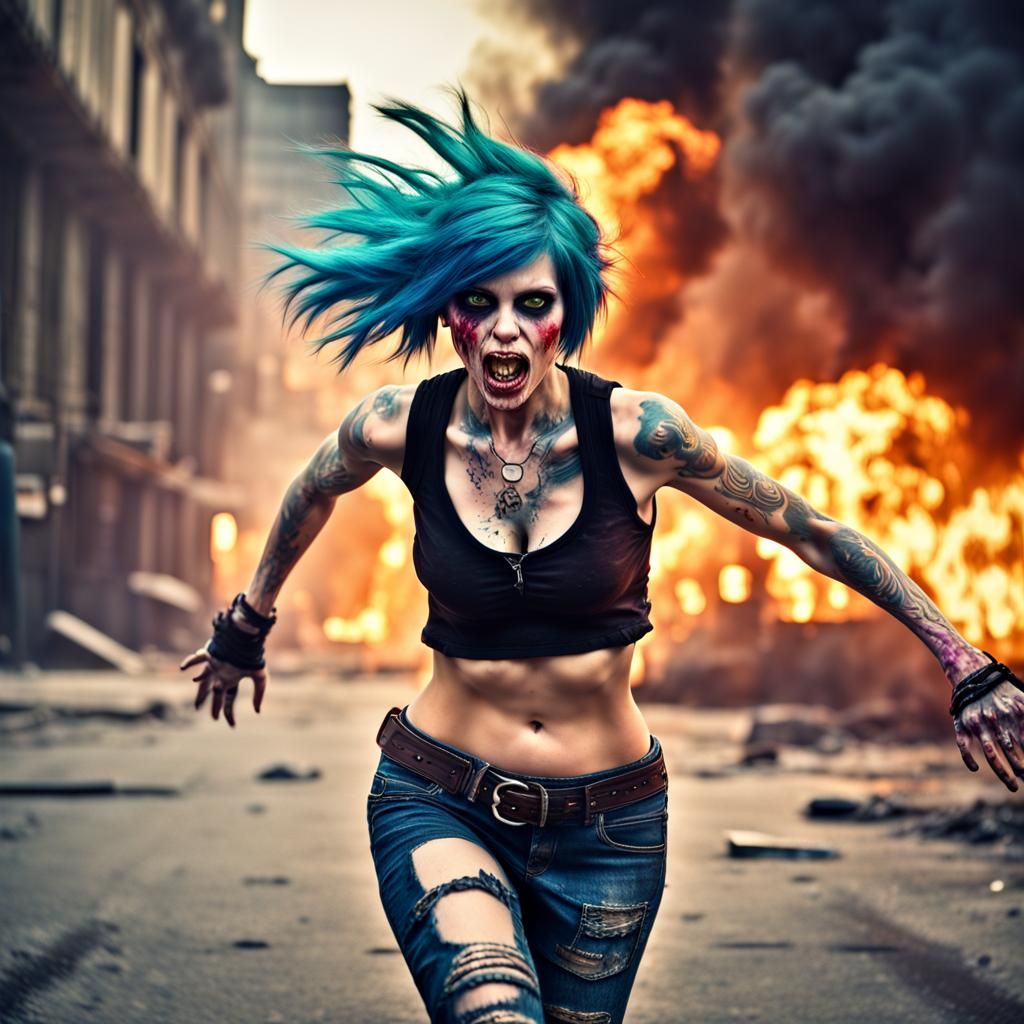 Colorful Haired Zombie Girl Running in Burning City