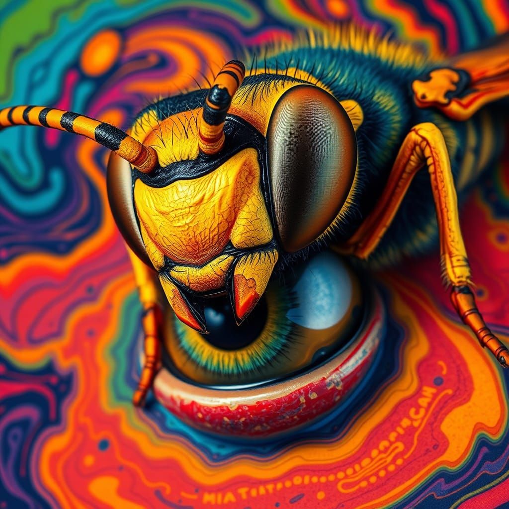 tricate, hyper-detailed extreme close-up of a WASP head sitting on a human eye, fluorescent colored,